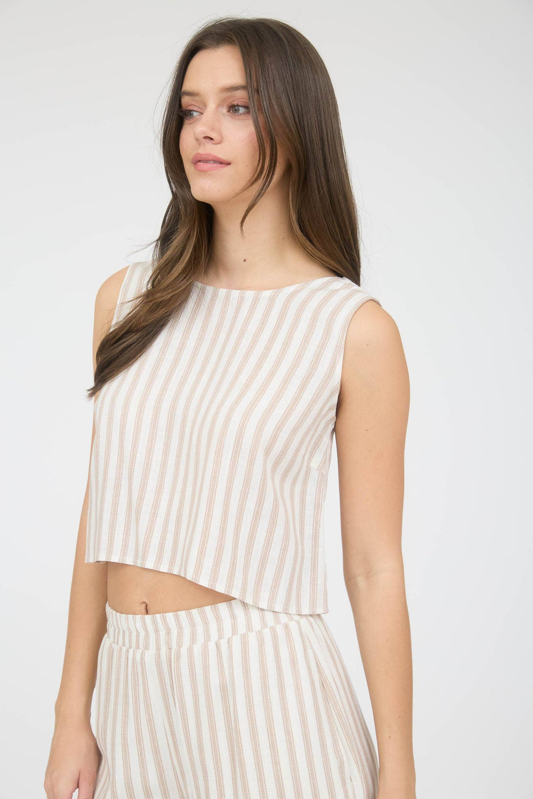 STRIPE LINEN BACK TIE DETAIL SLEEVELESS TOP WS456