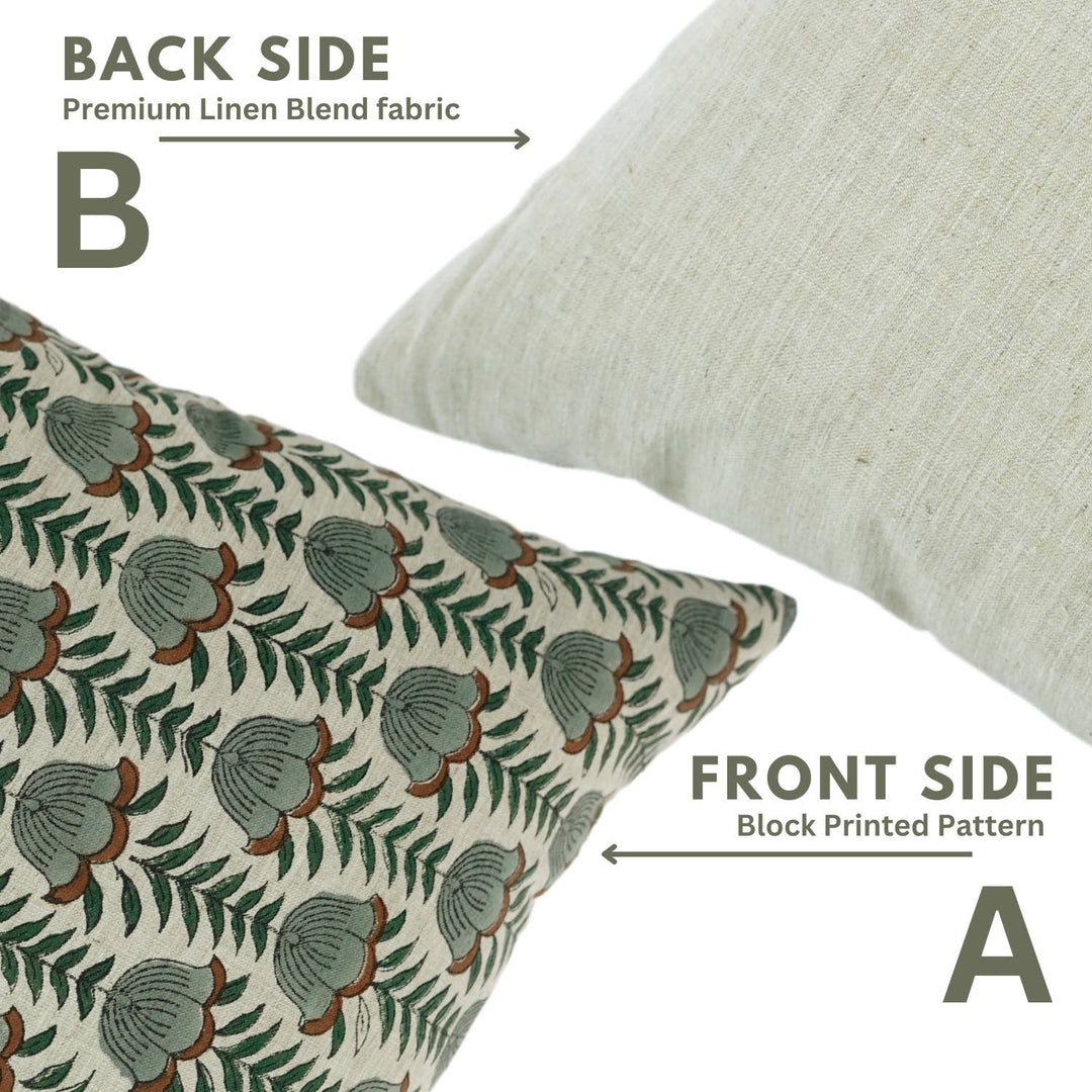 Unique Block Print Linen Blend Pillow Cover - Lotus FB07