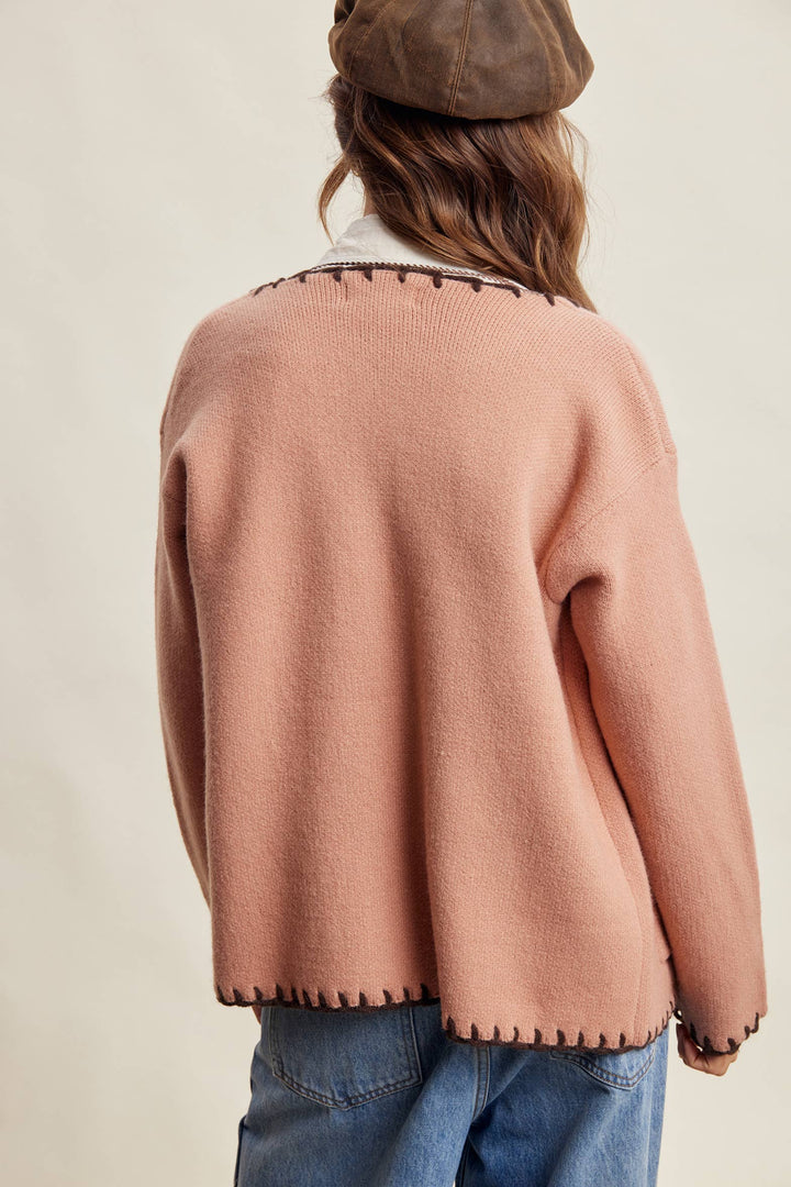 Contrast Whipstitch Knit Cardigan LSW1066