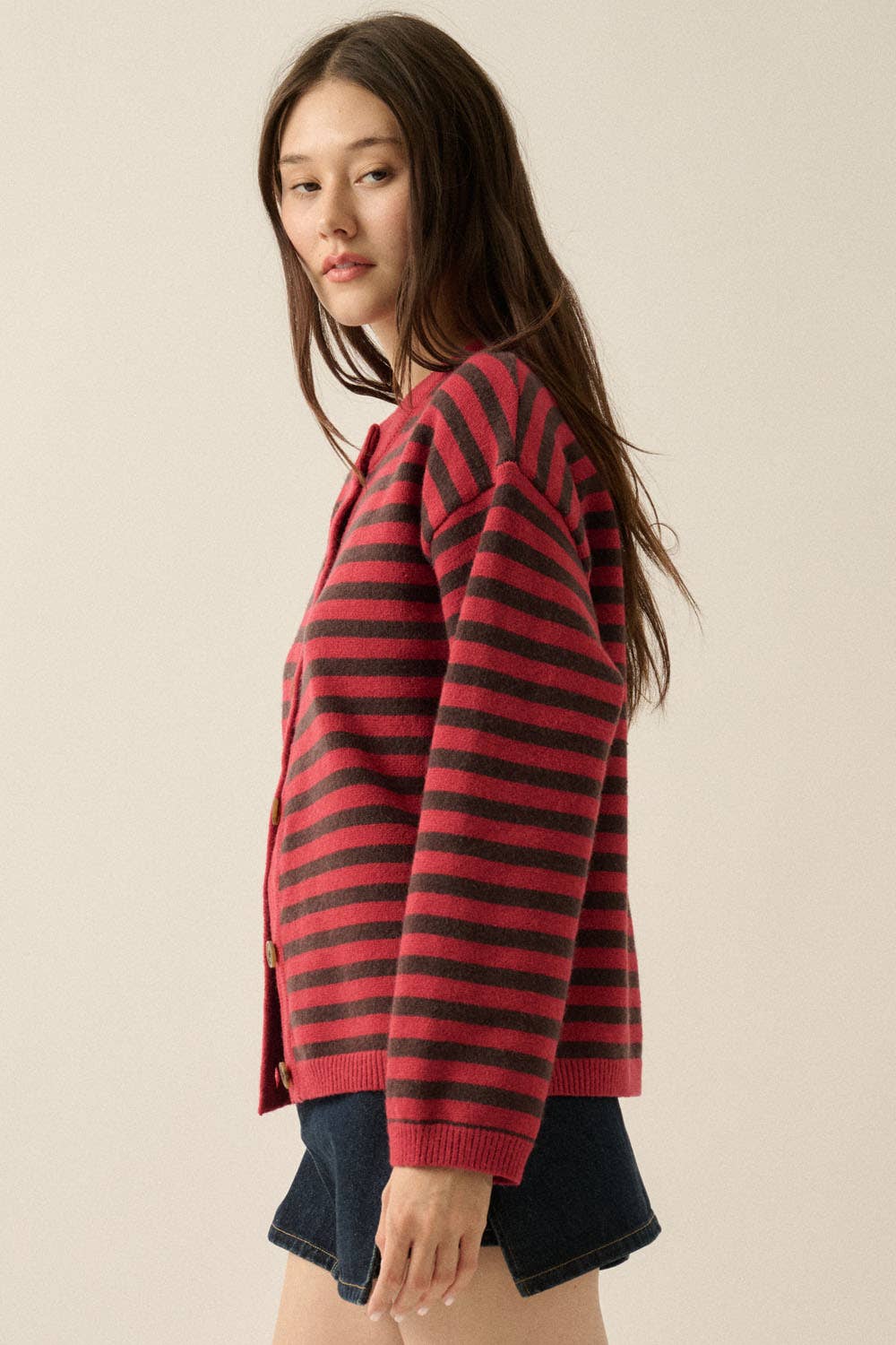 Striped Knit Crewneck Button-Front Relaxed-Fit Cardigan