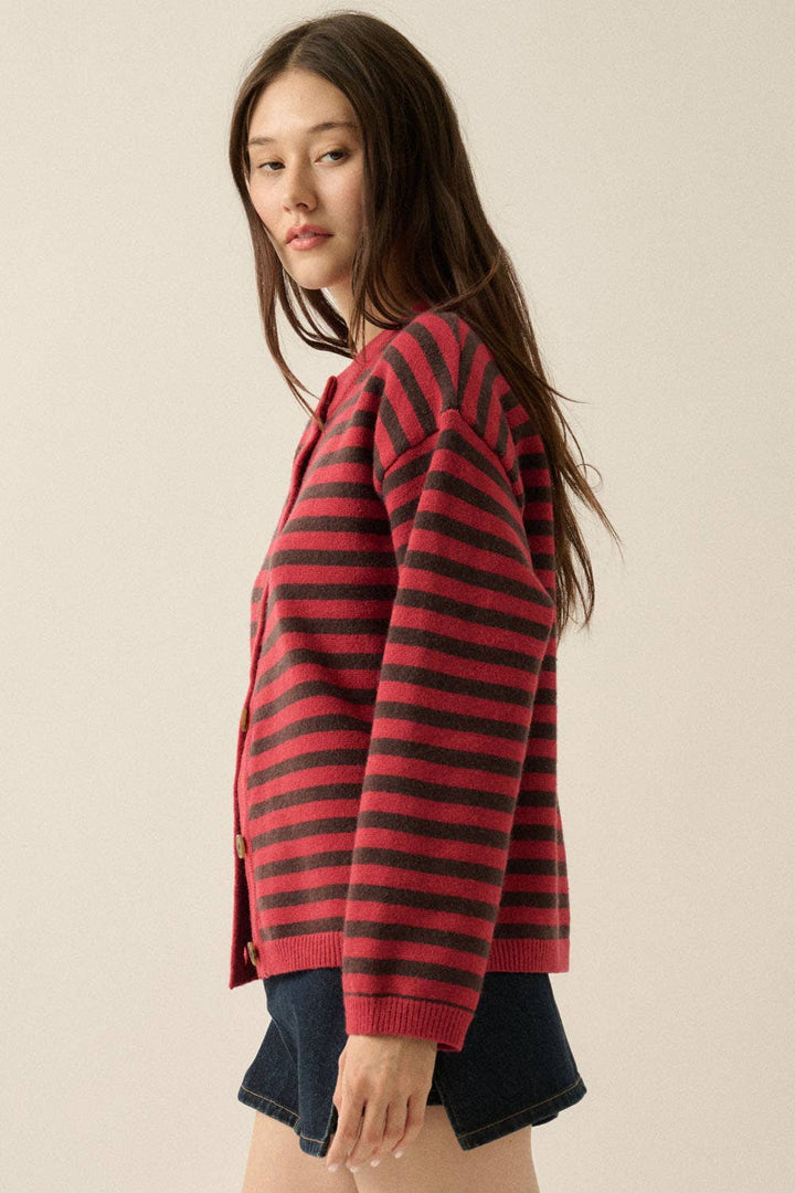 Striped Knit Crewneck Button-Front Relaxed-Fit Cardigan