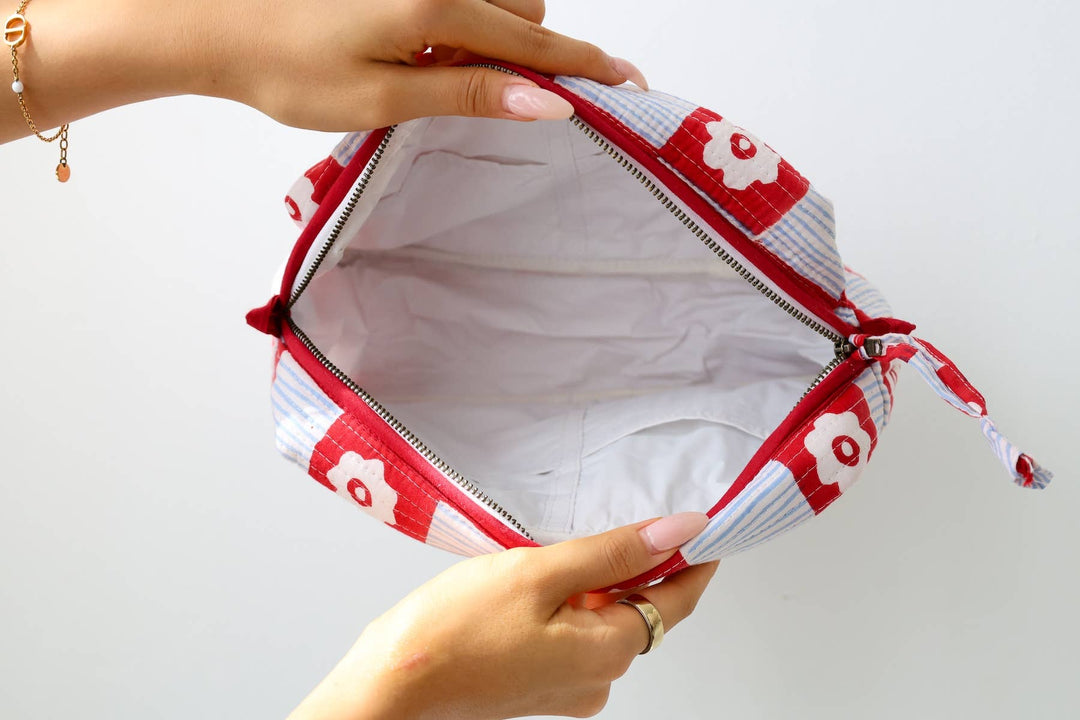 Scalloped Block Print Toiletry Bag Cotton Makeup Travel Case