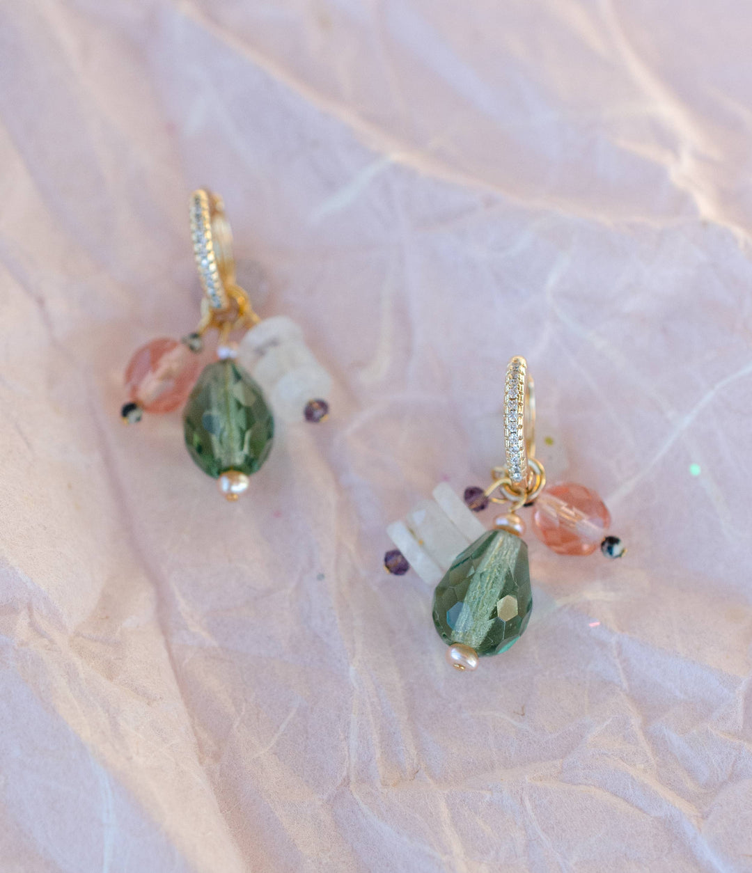 Green &amp; Pink Moonstone Charm Hoop Earrings JM764
