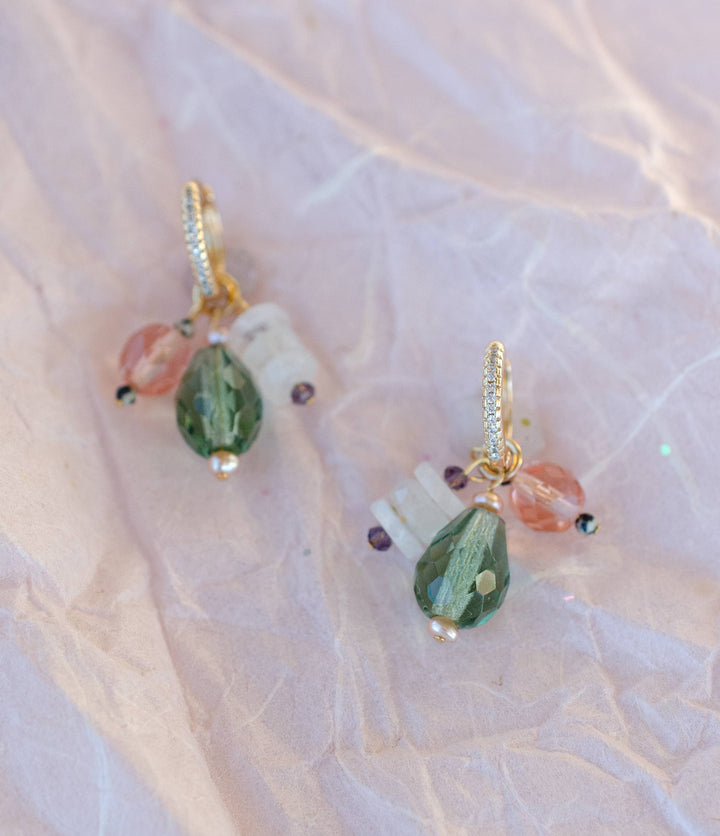 Green &amp; Pink Moonstone Charm Hoop Earrings JM764