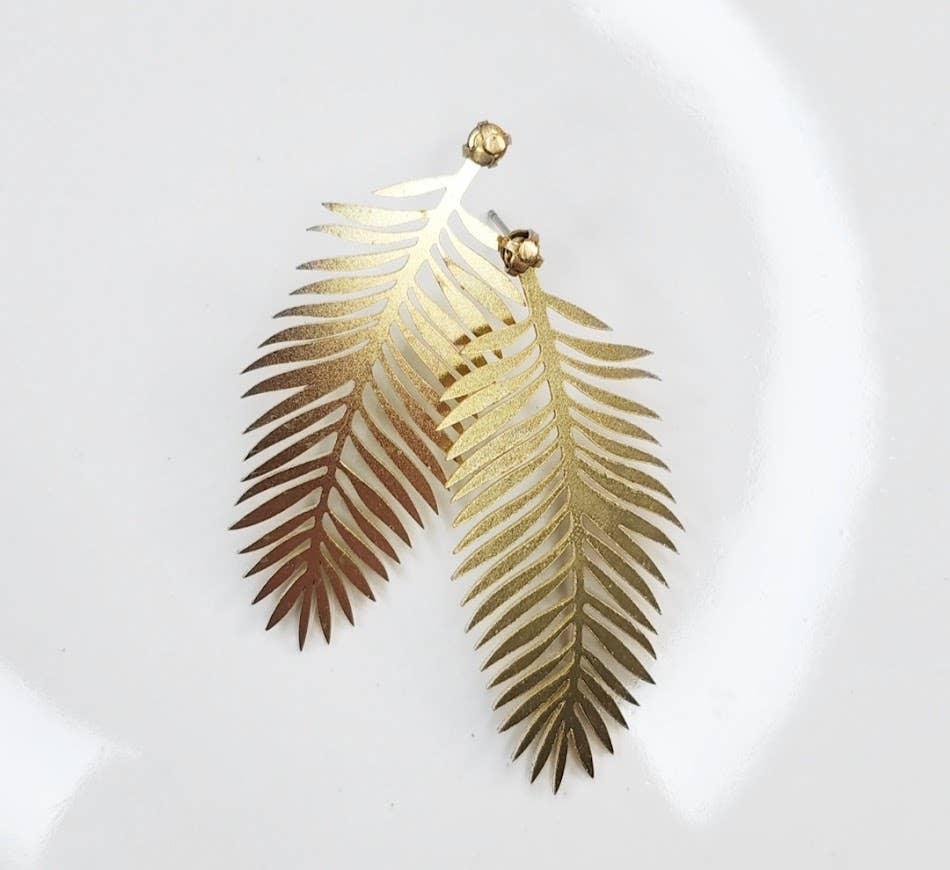 Brass Fern Frond &amp; Boston Fern Post Bold Statement Earrings