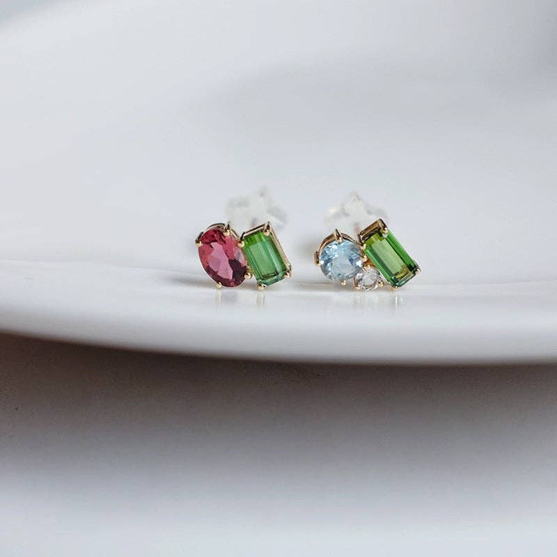Asymmetric Gems Cluster Stud Earrings in 925 Sterling Silver