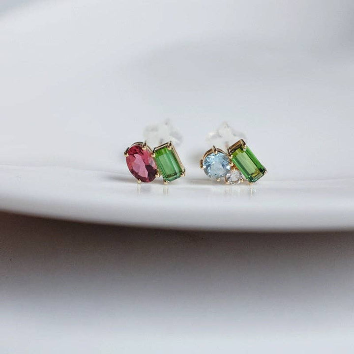 Asymmetric Gems Cluster Stud Earrings in 925 Sterling Silver