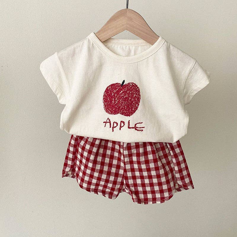 Summer Baby Kids Fruits Pattern Short Sleeves T-shirt and Plaid Shorts Clothing Set TR2504