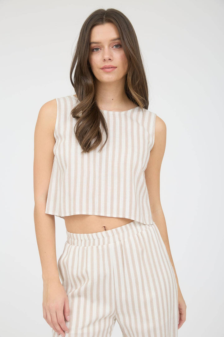 STRIPE LINEN BACK TIE DETAIL SLEEVELESS TOP WS456