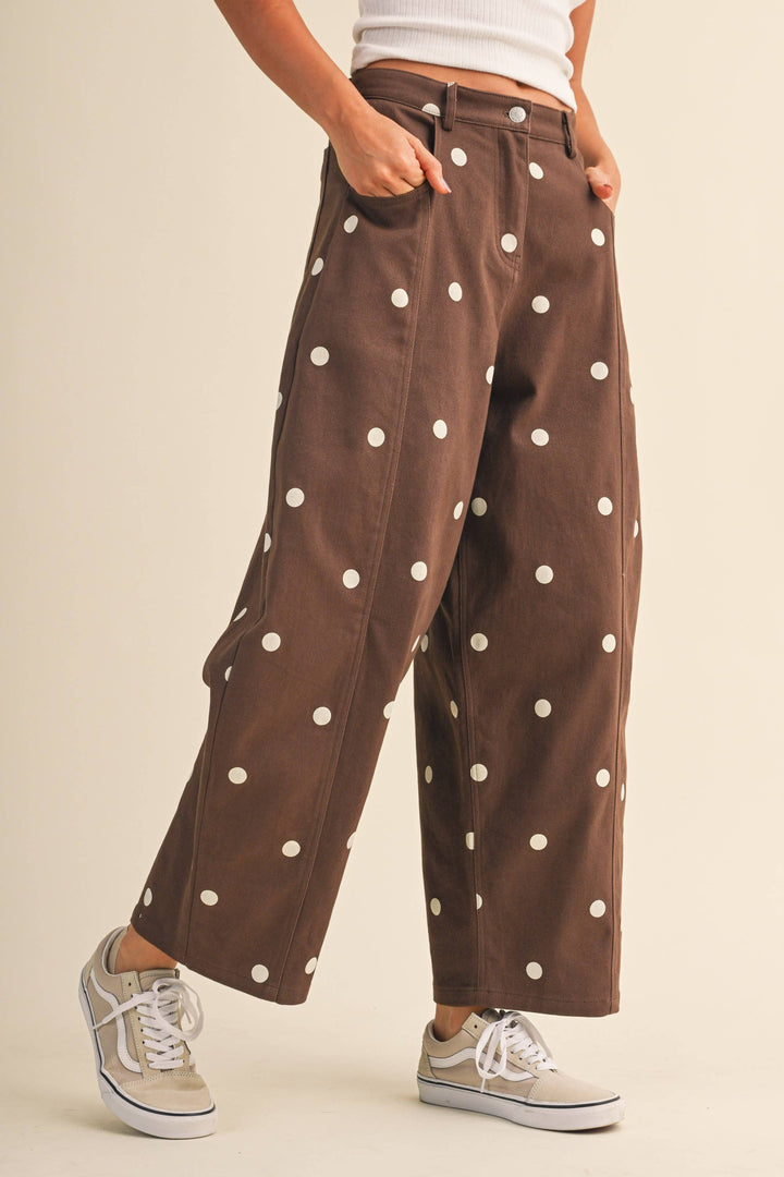 IP1390 POLKADOT STRETCH TWILL MID WAIST BARREL PANTS
