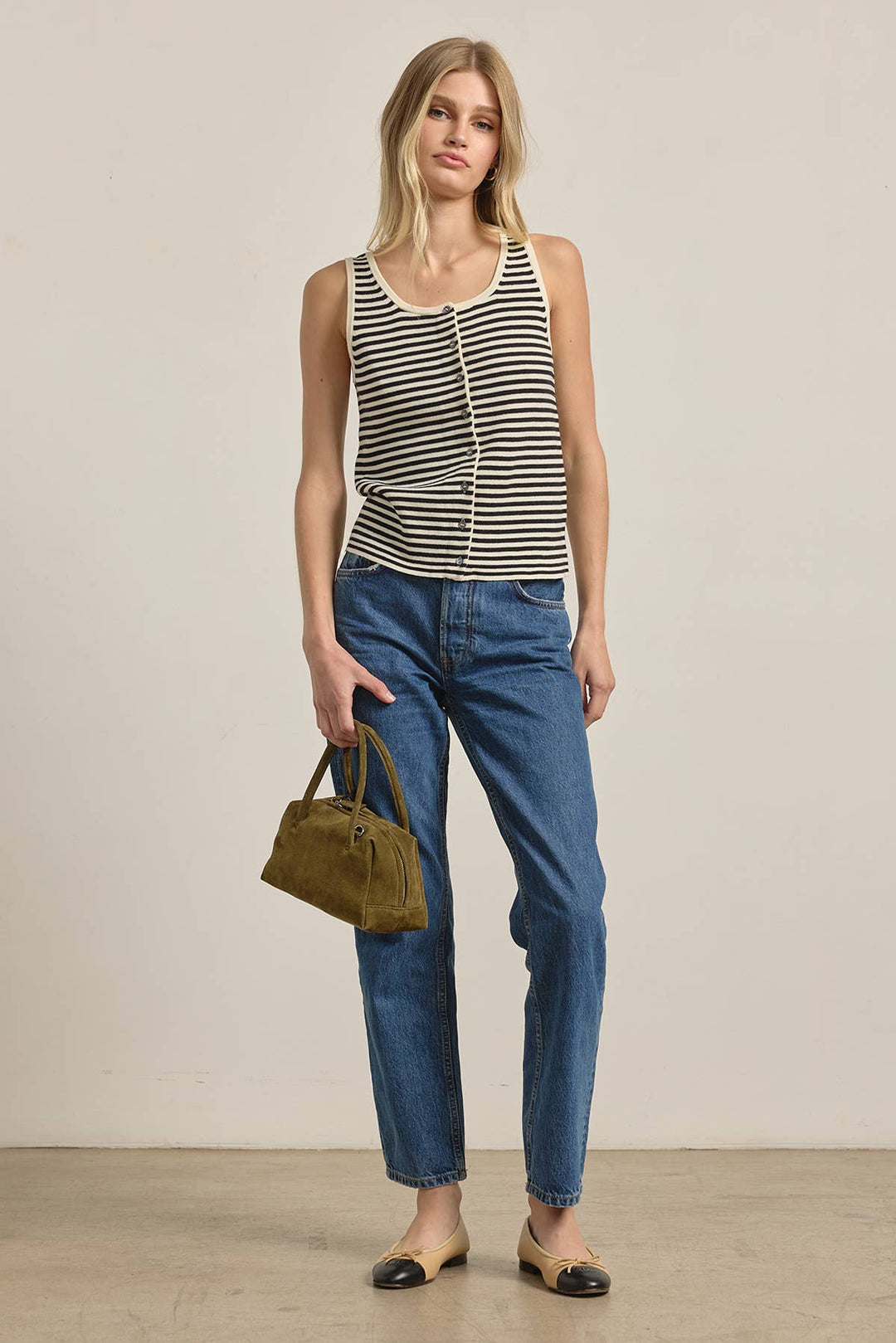 Striped Knit Button Tank Top - RN36