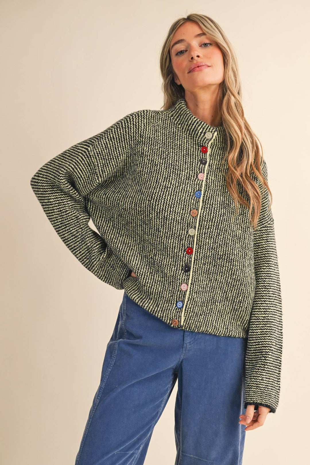 STRIPED SWEATER CARDIGAN WITH COLORFUL BUTTONS MS112