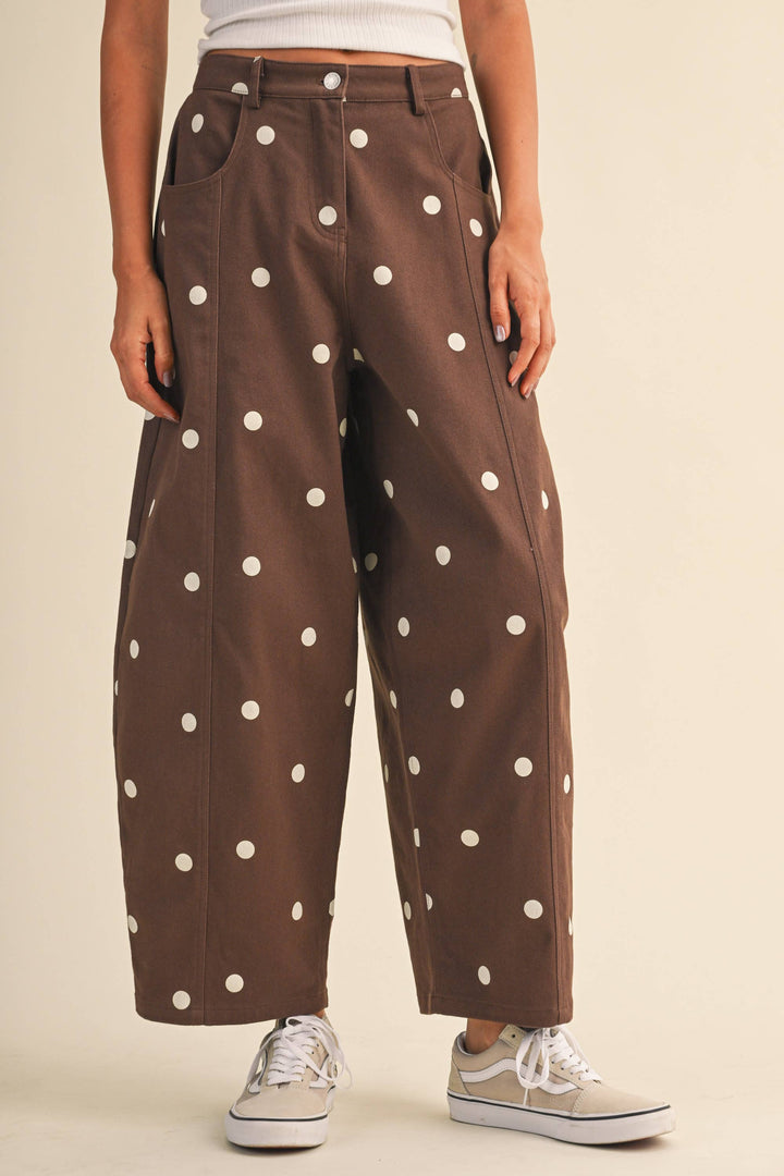 IP1390 POLKADOT STRETCH TWILL MID WAIST BARREL PANTS