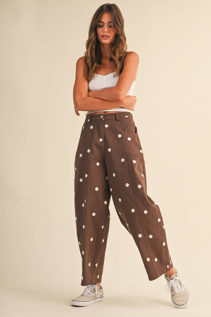 IP1390 POLKADOT STRETCH TWILL MID WAIST BARREL PANTS