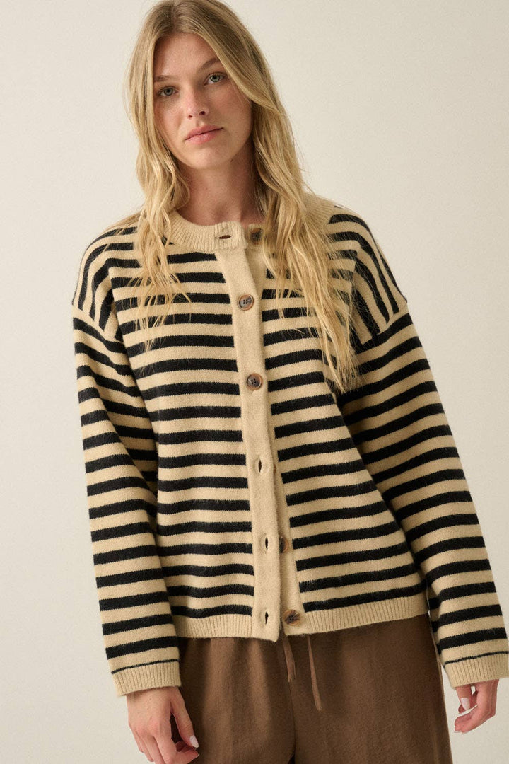 Striped Knit Crewneck Button-Front Relaxed-Fit Cardigan