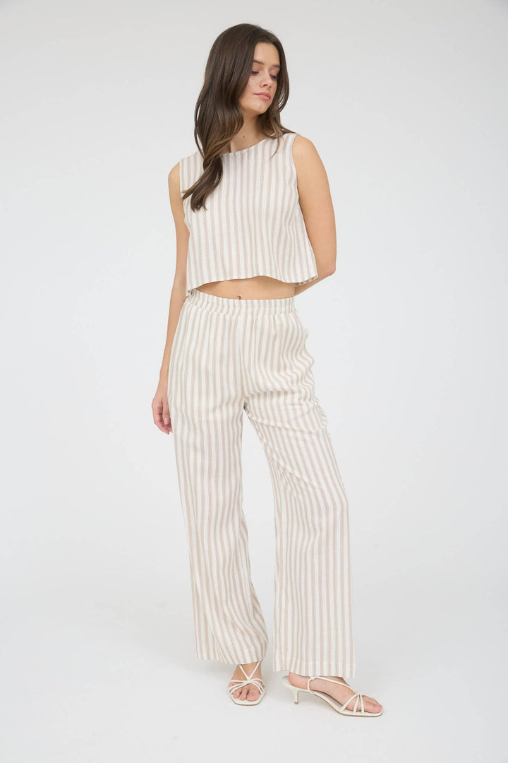 STRIPE LINEN BACK TIE DETAIL SLEEVELESS TOP WS456