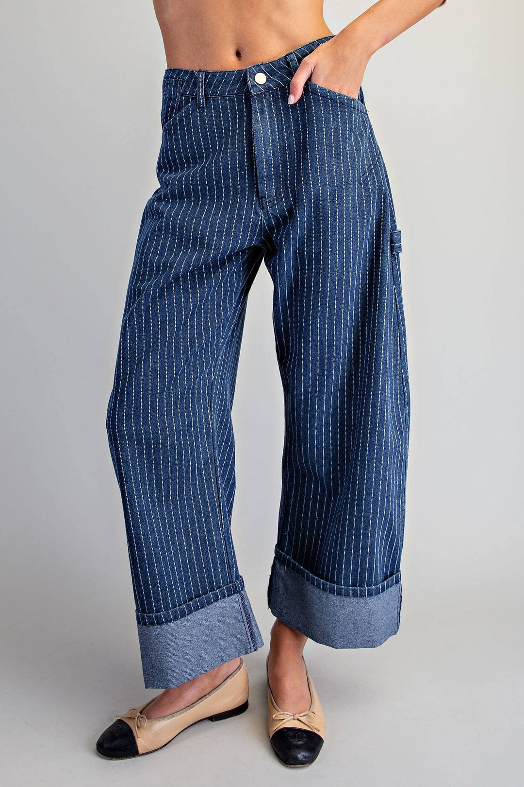 PL404 - STRIPED BARREL LEG CUFFED PANTS