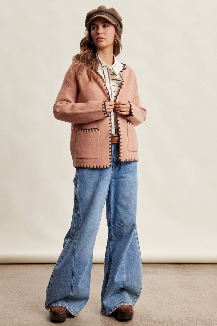 Contrast Whipstitch Knit Cardigan LSW1066