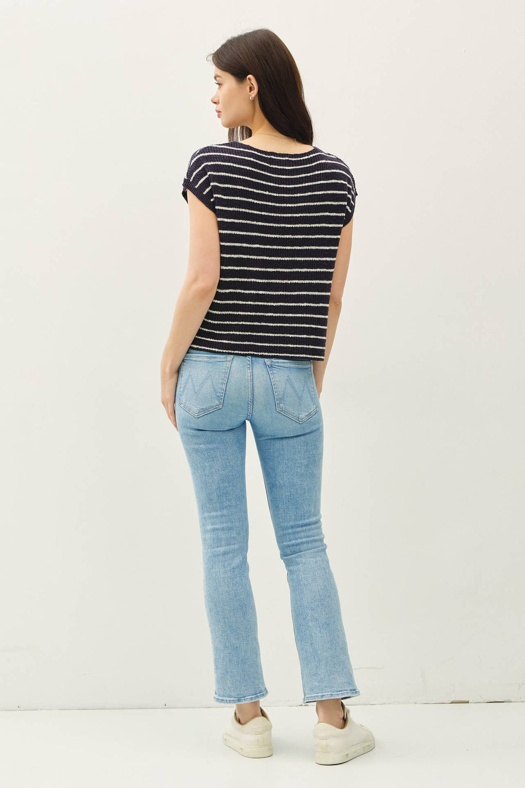 STRIPED CAP SLEEVE SWEATER W FRONT PATCH POCKET BC564