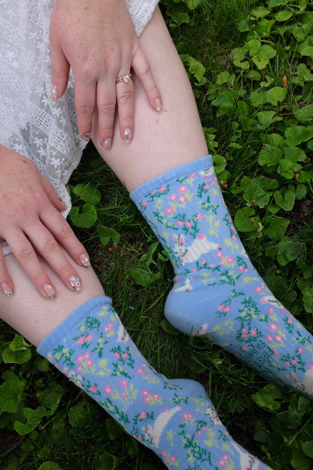 Blue Floral Meadow Bunny Duck Ribbed Print Crew Socks