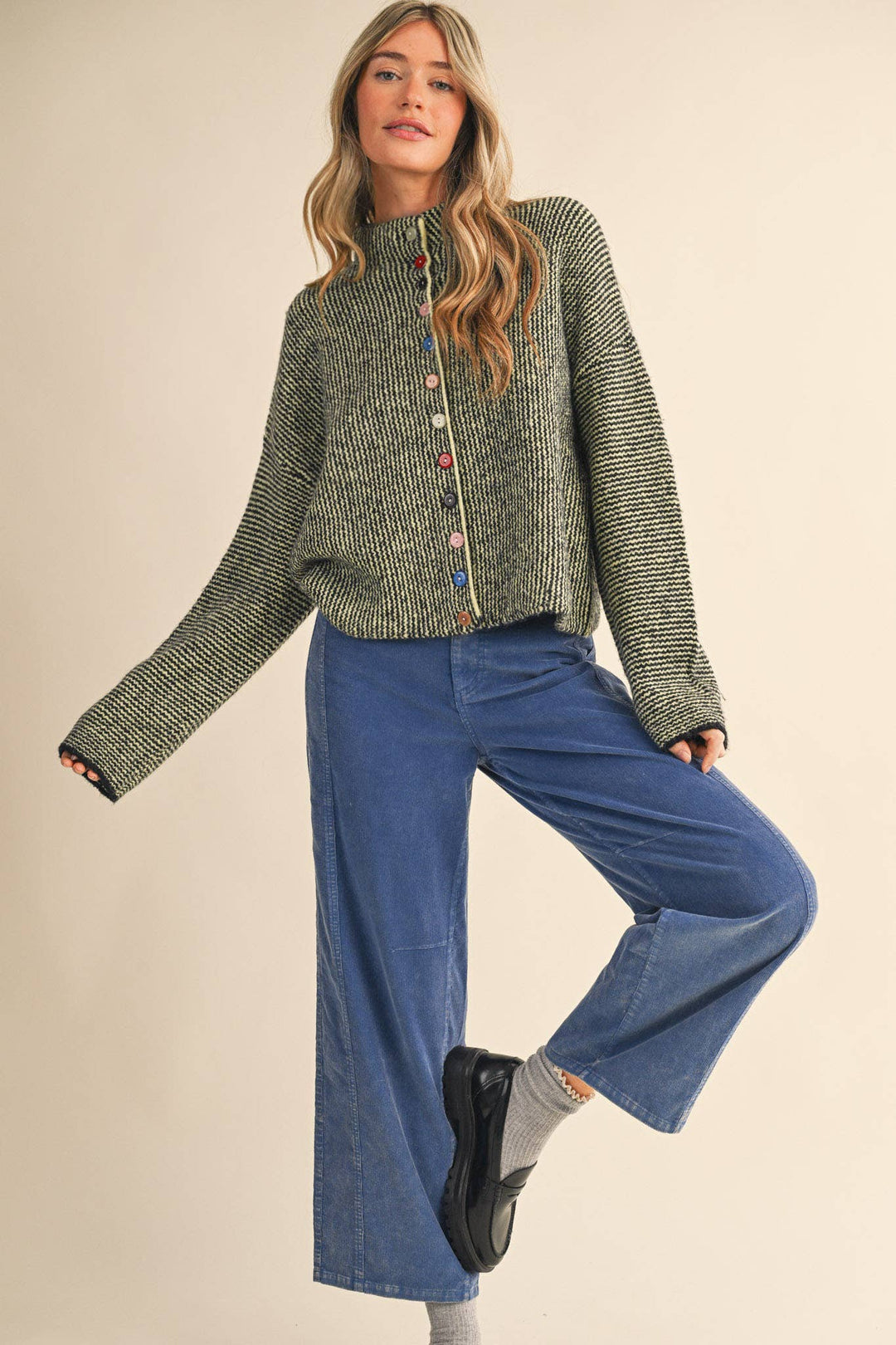 STRIPED SWEATER CARDIGAN WITH COLORFUL BUTTONS MS112