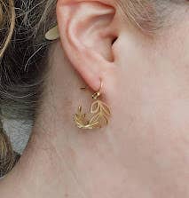 Brass Fern, Olive &amp; Myrtle Leaf, Wheat Hoop Dangle Earrings