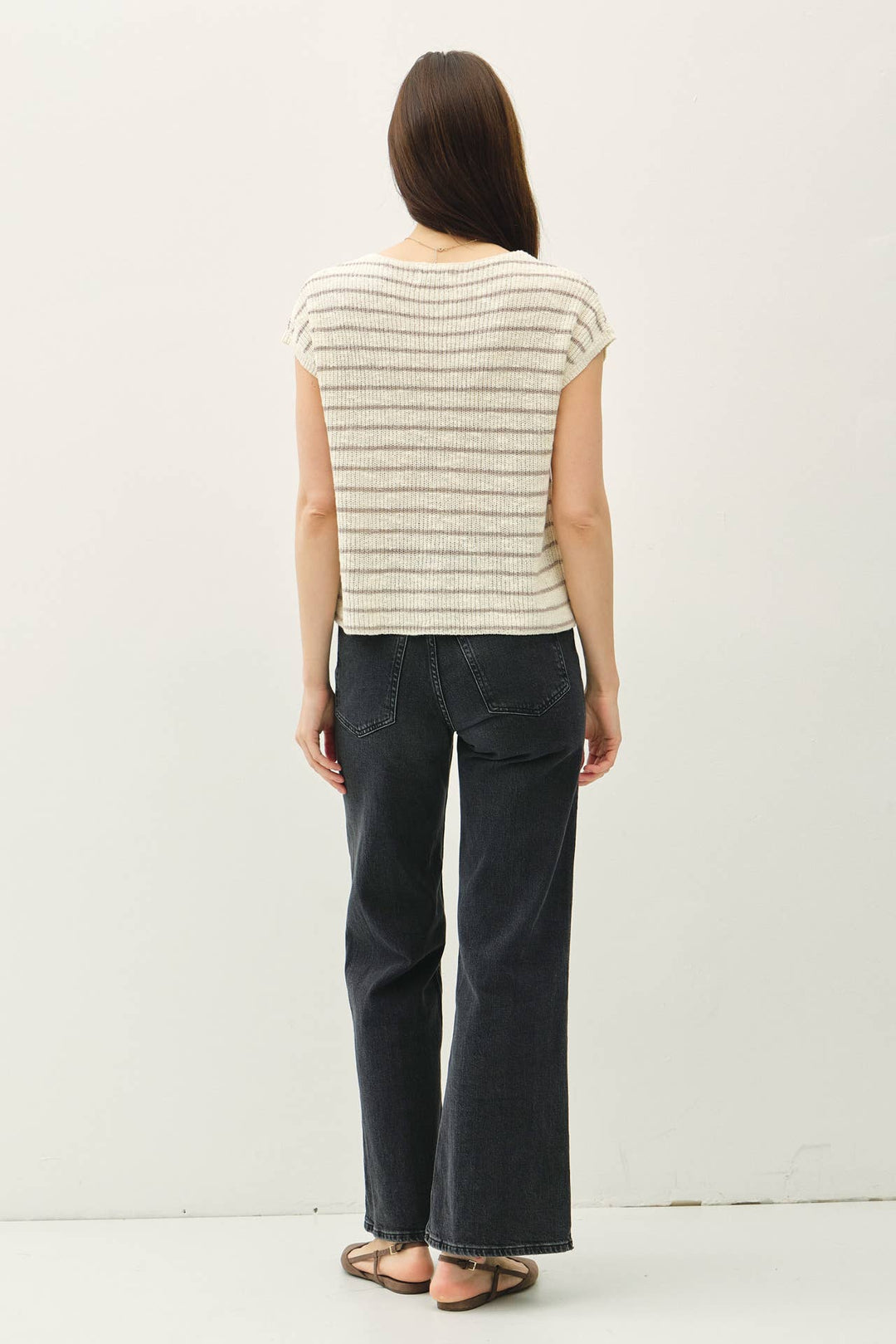 STRIPED CAP SLEEVE SWEATER W FRONT PATCH POCKET BC564
