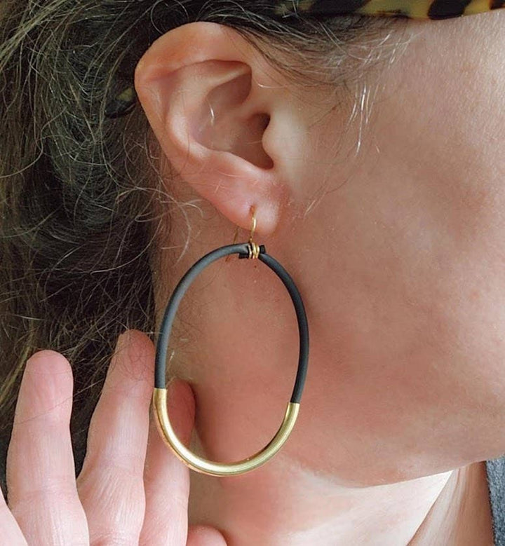 Threaded Black Rubber, Brass &amp; Silver Hoop Dangle Earrings