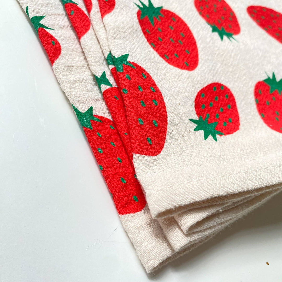 Hand Printed Natural Cotton Cloth Napkins, Red Strawberries BB22