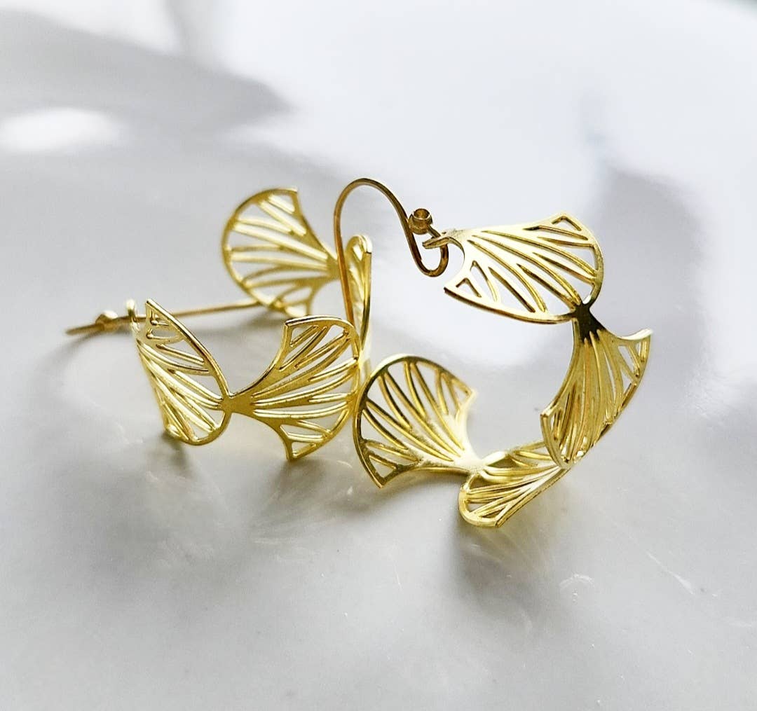 Brass Fern, Olive &amp; Myrtle Leaf, Wheat Hoop Dangle Earrings