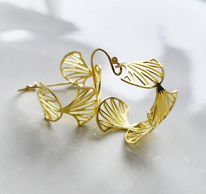 Brass Fern, Olive &amp; Myrtle Leaf, Wheat Hoop Dangle Earrings