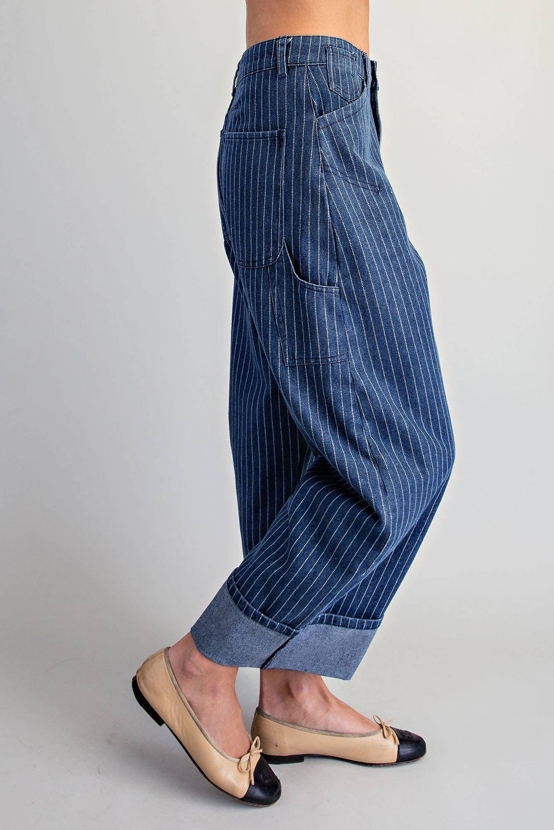 PL404 - STRIPED BARREL LEG CUFFED PANTS