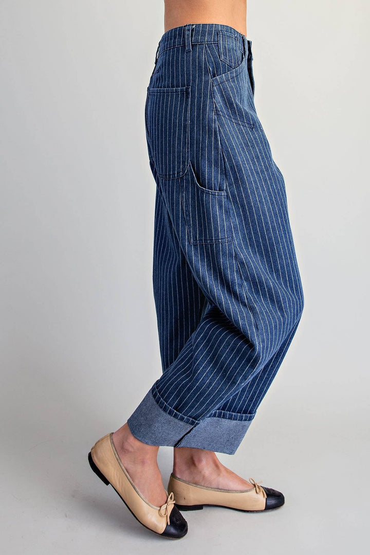 PL404 - STRIPED BARREL LEG CUFFED PANTS