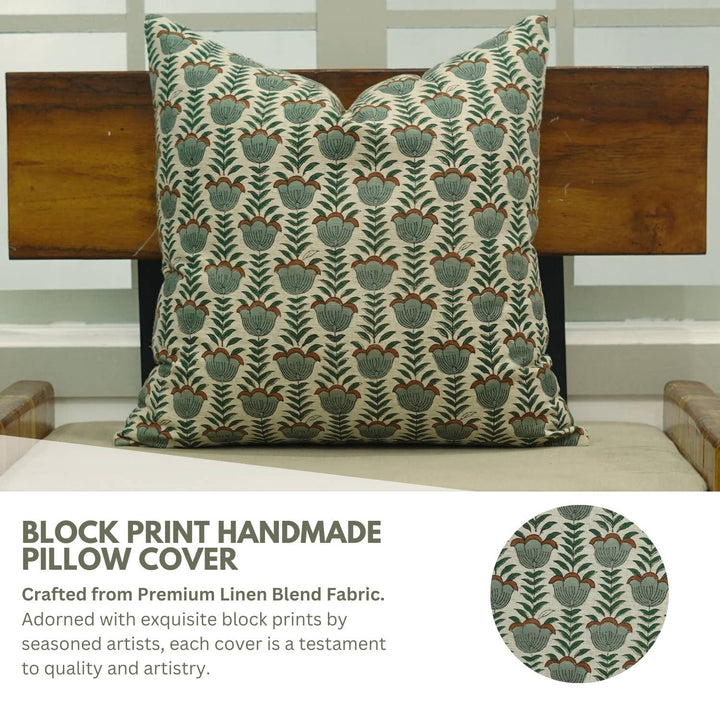 Unique Block Print Linen Blend Pillow Cover - Lotus FB07
