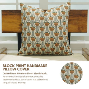 Floral Block Print Linen Blend Pillow Cover - Lotus FB04