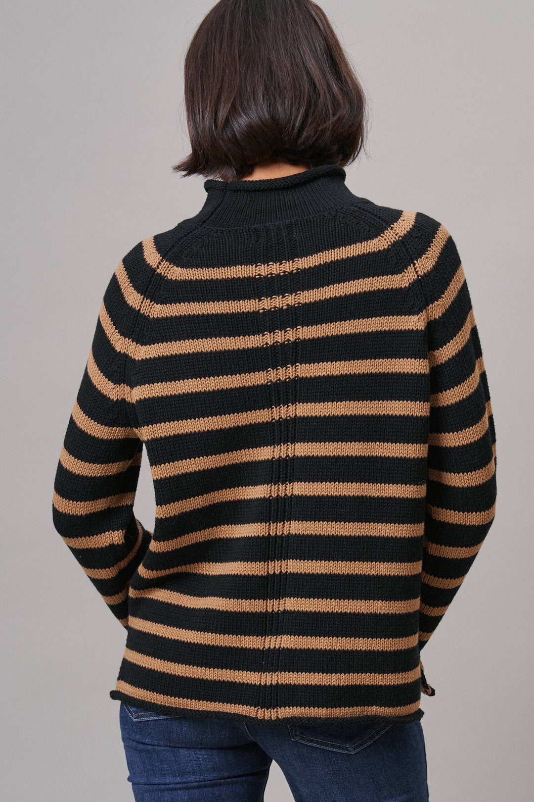 Striped Mock Neck Cotton Knit Sweater