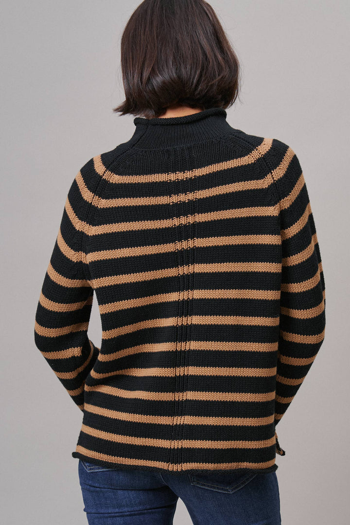 Striped Mock Neck Cotton Knit Sweater