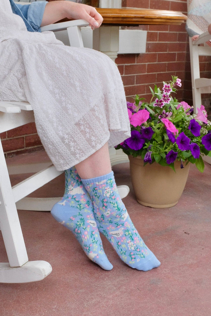 Blue Floral Meadow Bunny Duck Ribbed Print Crew Socks