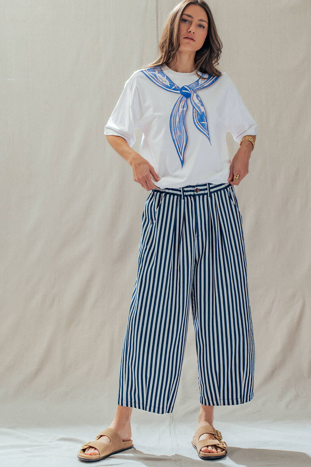 Striped Pleated Wide Leg Culotte Pants UD35