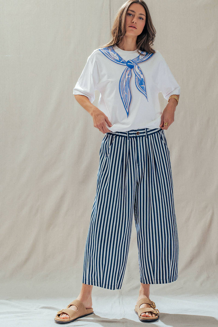 Striped Pleated Wide Leg Culotte Pants UD35