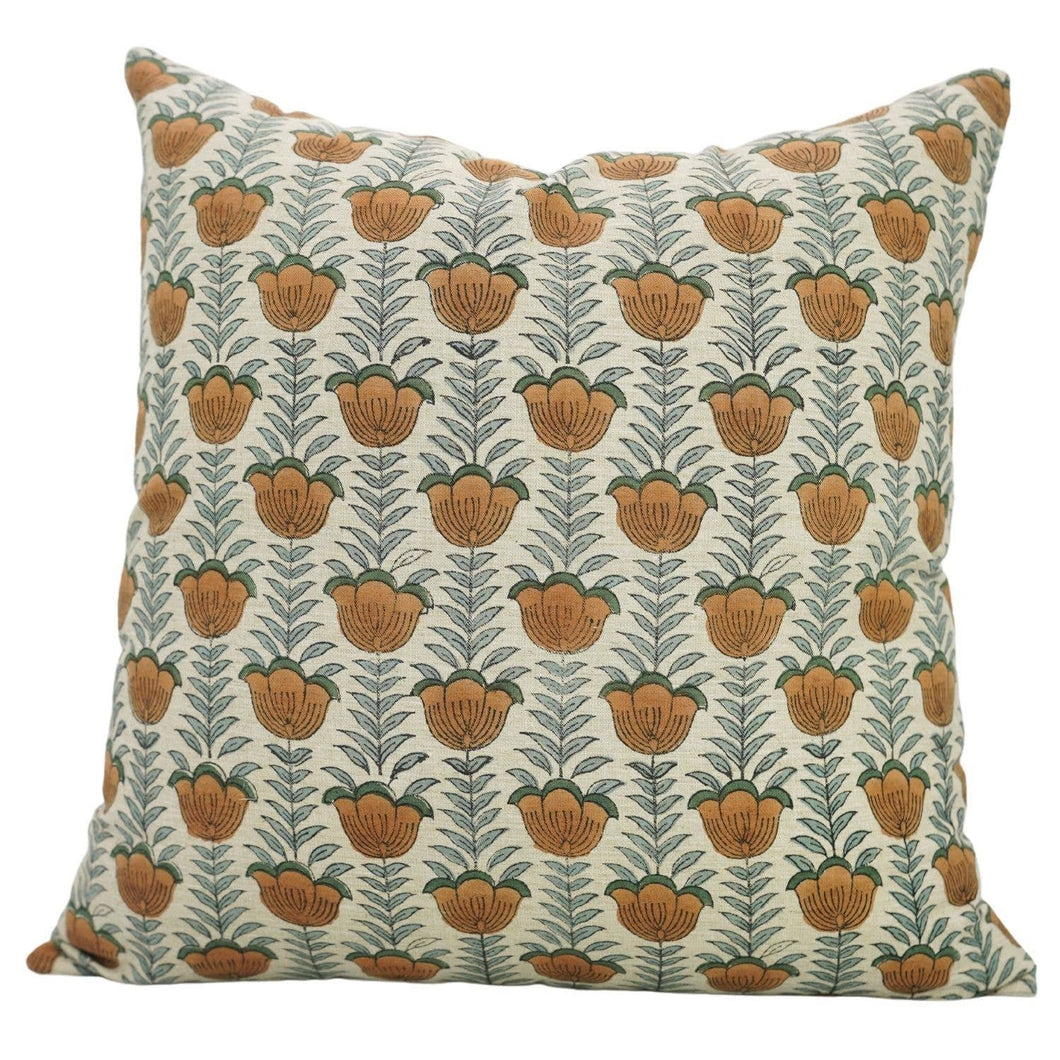 Floral Block Print Linen Blend Pillow Cover - Lotus FB04