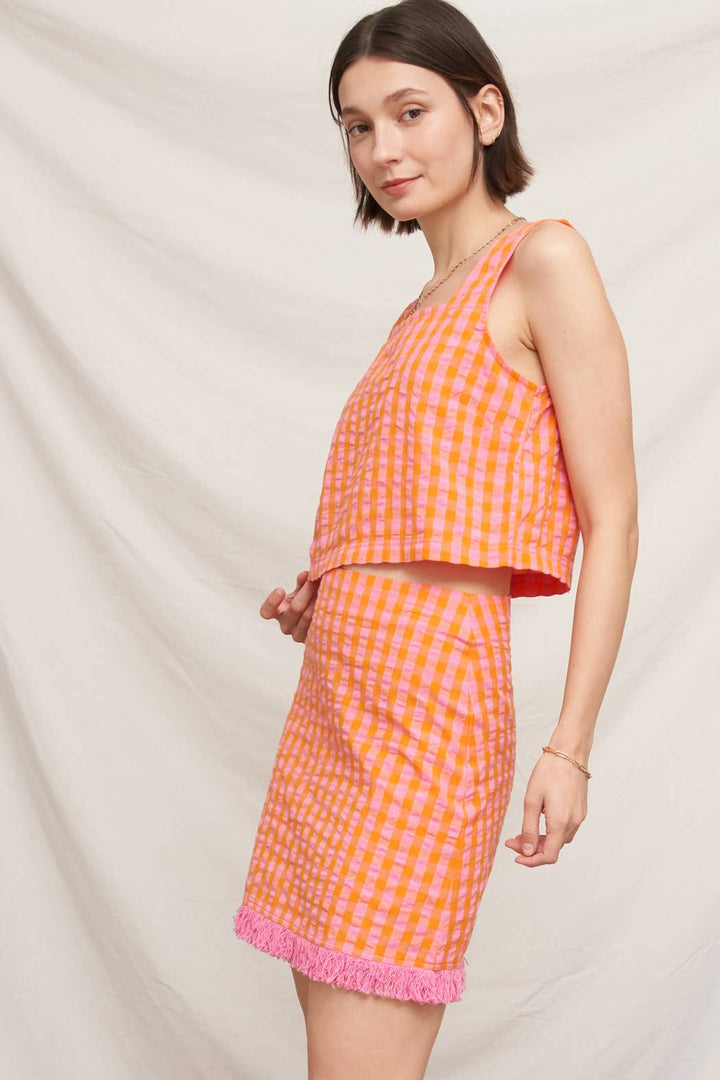 Sleeveless Square Neck Plaid Cropped Top EC763