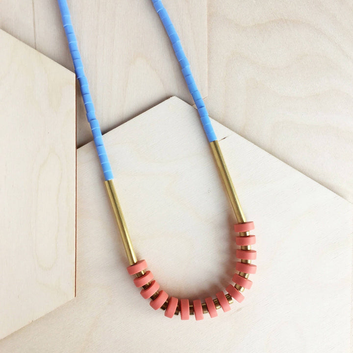 Heishi Salmon Pink &amp; Periwinkle Necklace, Statement Necklace LAN67