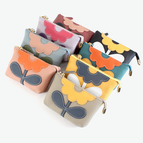 Flower Applique Leather Coin Purse w/Keychain