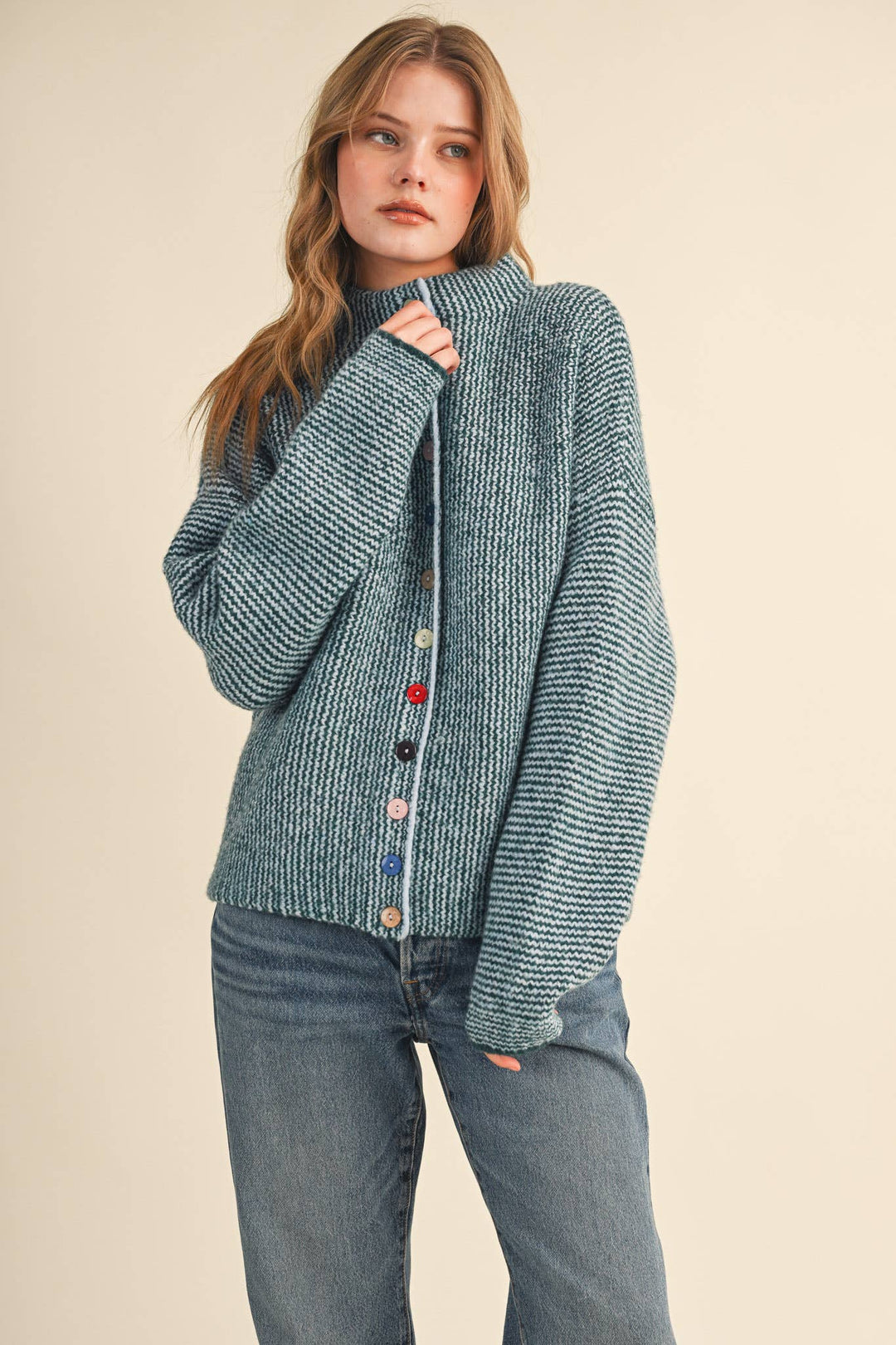 STRIPED SWEATER CARDIGAN WITH COLORFUL BUTTONS MS112