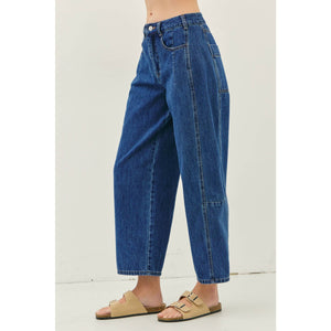 MID RISE BARREL LEG ANKLE DENIM PANTS WITH POCKETS