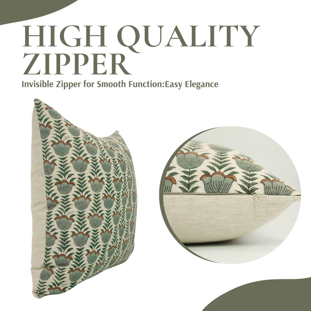 Unique Block Print Linen Blend Pillow Cover - Lotus FB07