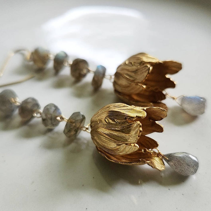 Faceted Labradorite &amp; Parrot Tulip Maximalist Earrings