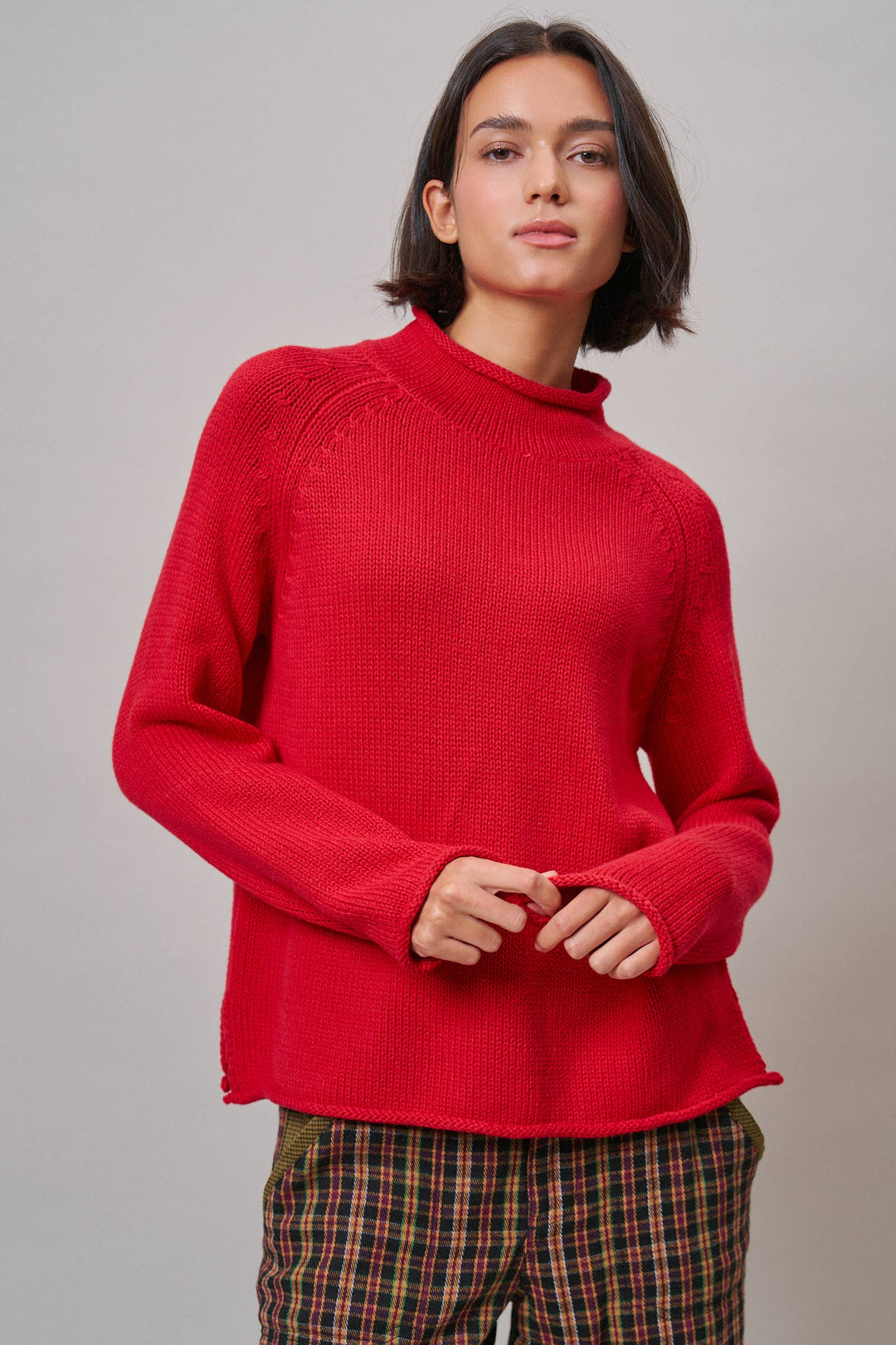 Striped Mock Neck Cotton Knit Sweater