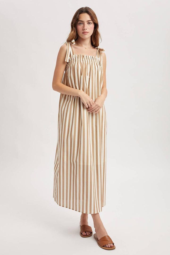 STRIPED SELF SHOULDER TIES MIDI DRESS / WL25